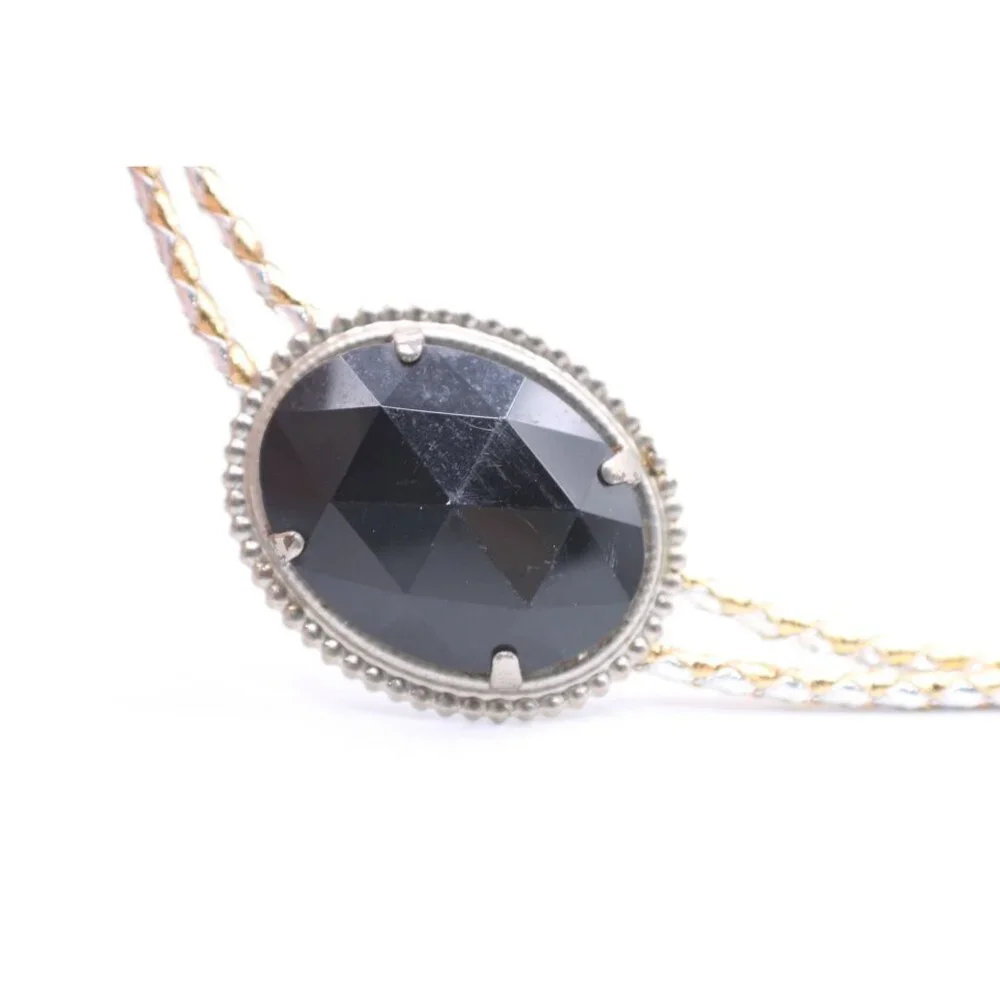 Black Jewel Acrylic Bolo Tie Silver & Gold Braided Cord Oval Faceted Western Vtg